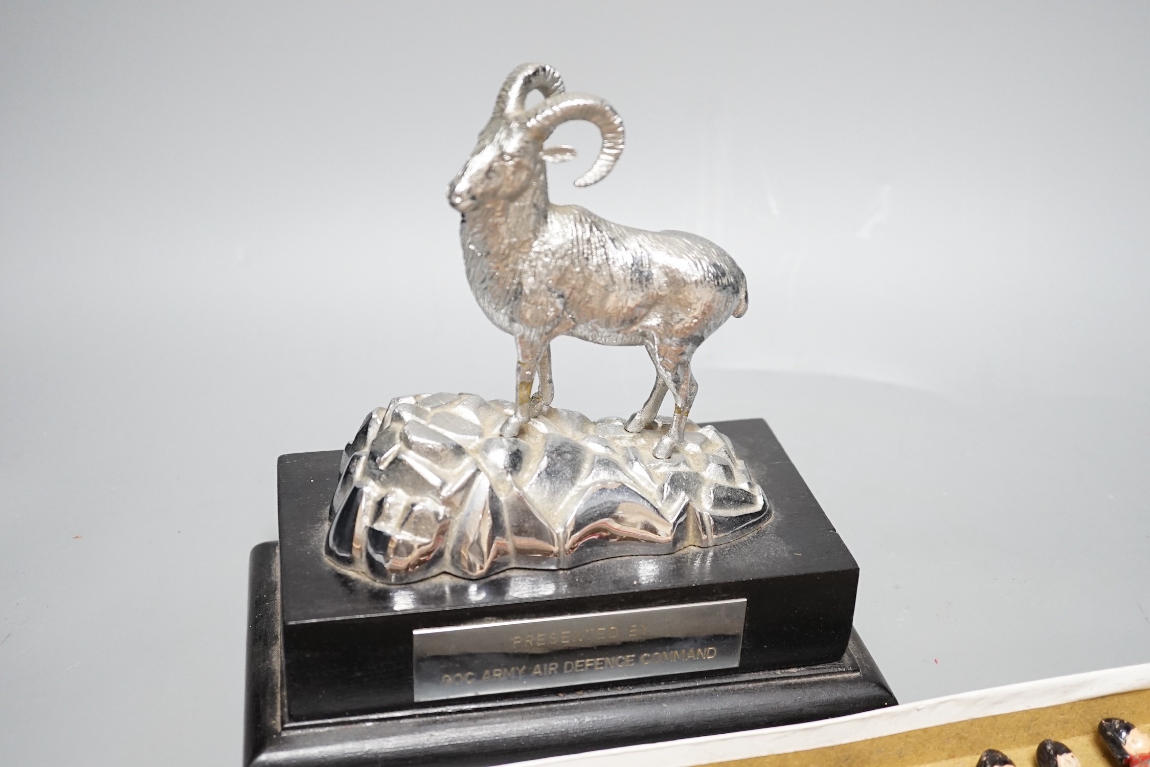 Presentation sculpture to Com. Jonathan Lett by The Army Air Defence Command together with a set of lead soldiers. Tallest 20cm